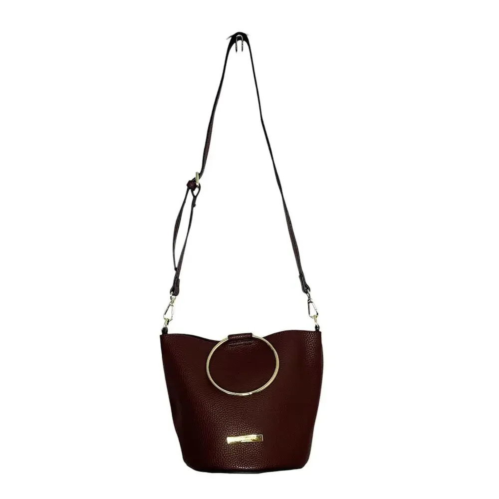 Katie Loxton London Burgundy Pebbled Bucket Crossbody Shoulder Bag Gold Ring